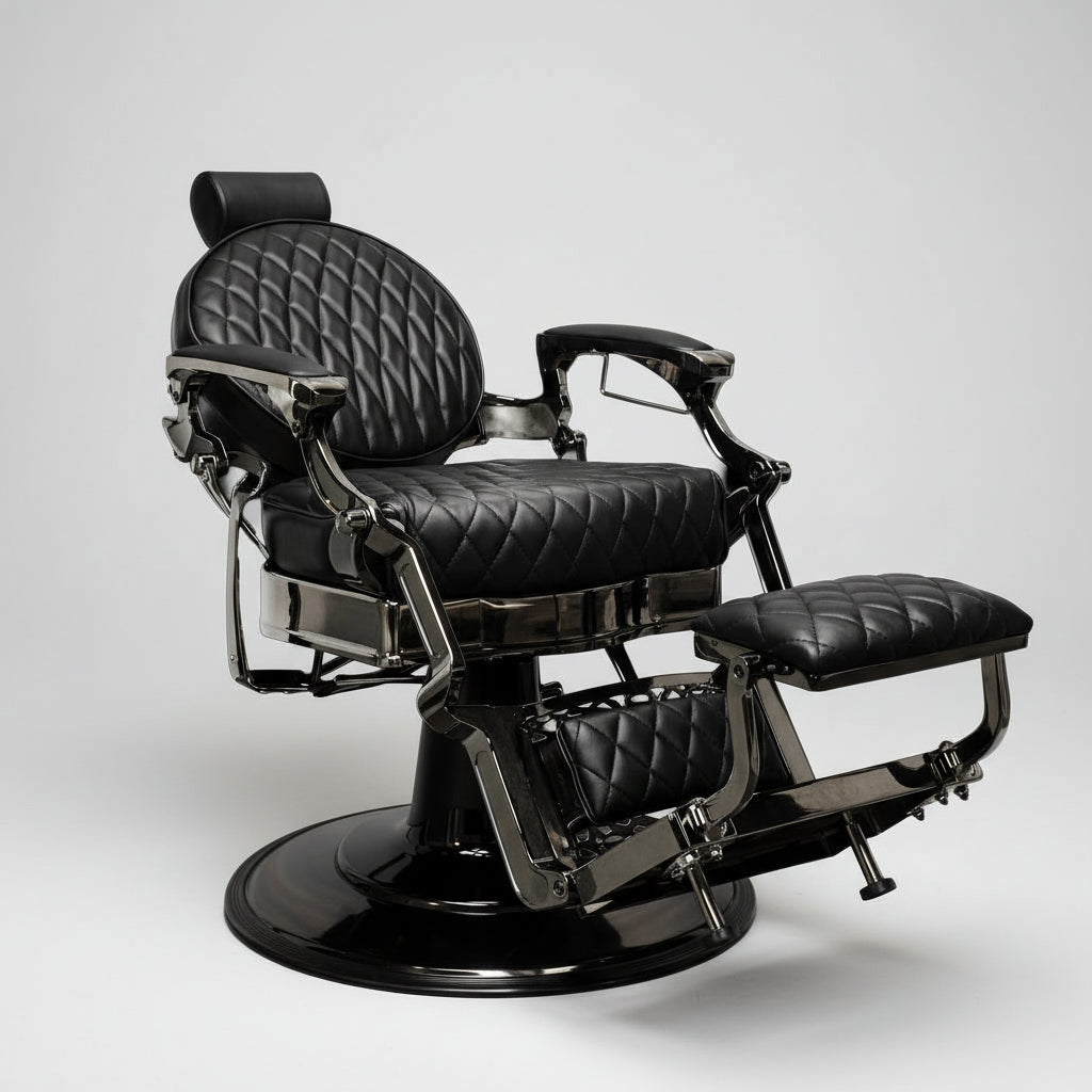 Black barber chair with quilted design on a white background