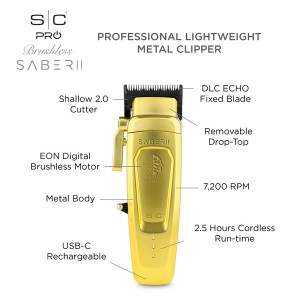 StyleCraft Saber 2.0 Cordless Modular Clipper w/ High-Torque Digital Brushless Motor - Gold