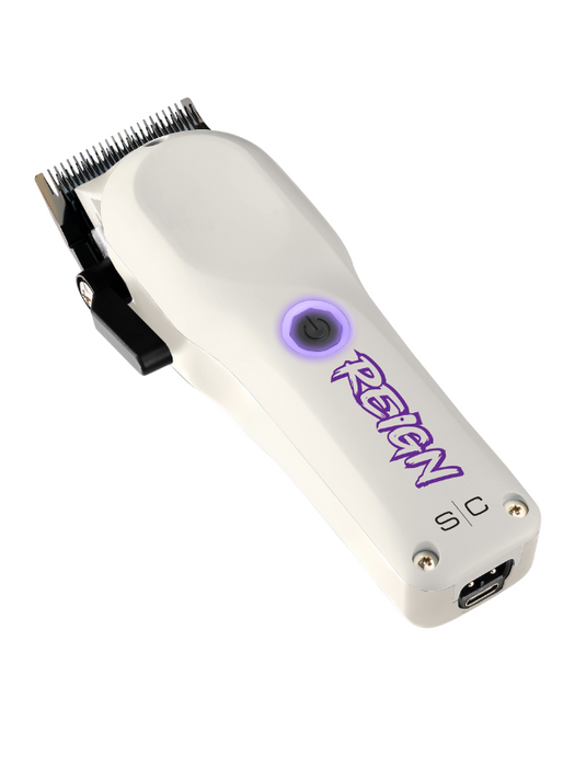 White hair clipper with purple logo on a white background
