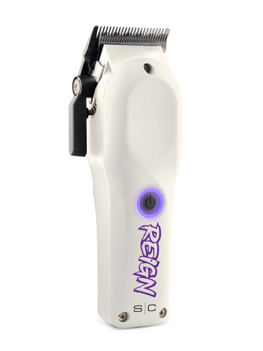 White hair clipper with purple branding on a white background