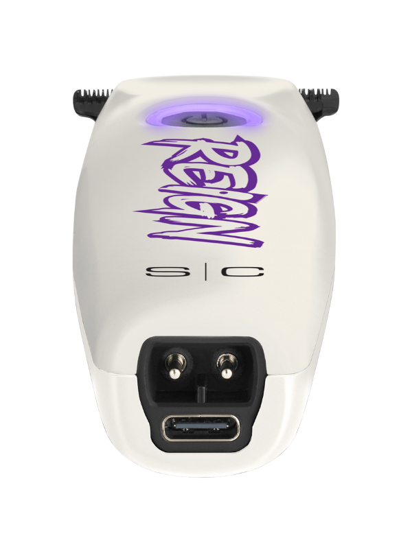 White electronic device with purple 'Reign' branding on a white background