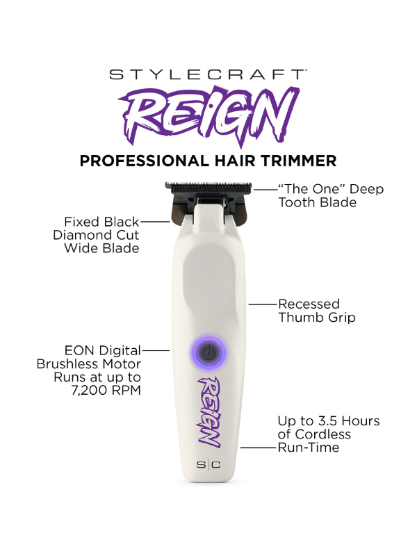 Stylecraft Reven professional hair trimmer with features highlighted on a white background