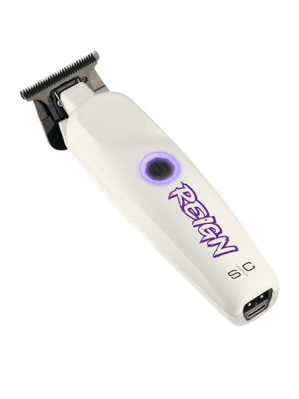 White hair trimmer with purple logo on a white background