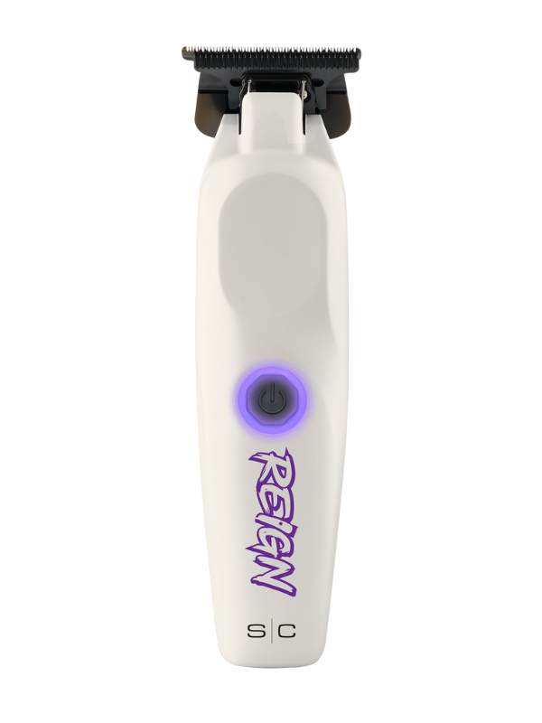 White grooming tool with purple logo on a white background