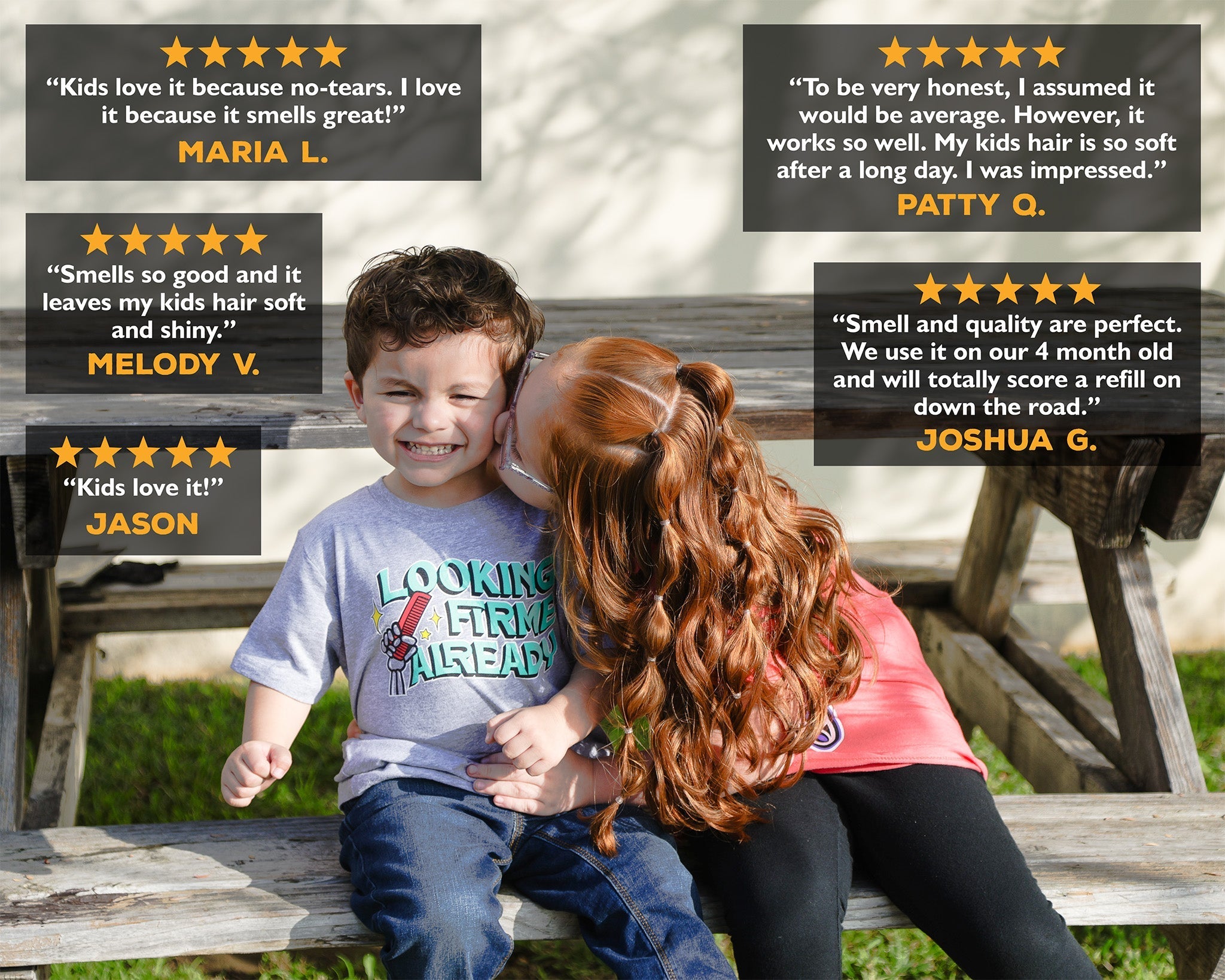 Two children sitting on a picnic bench with product reviews displayed above them.
