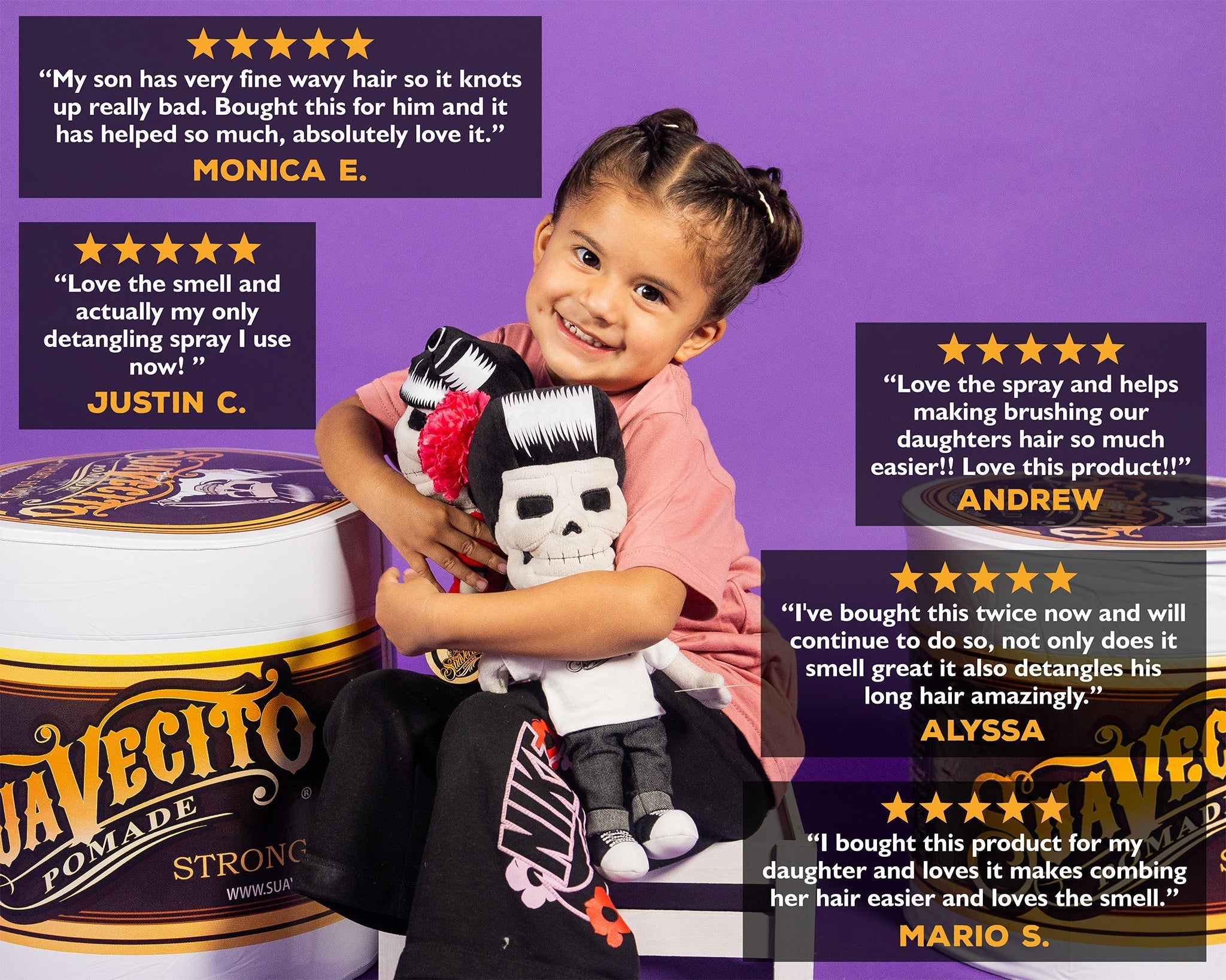 Child holding a toy with product packaging and customer reviews on a purple background