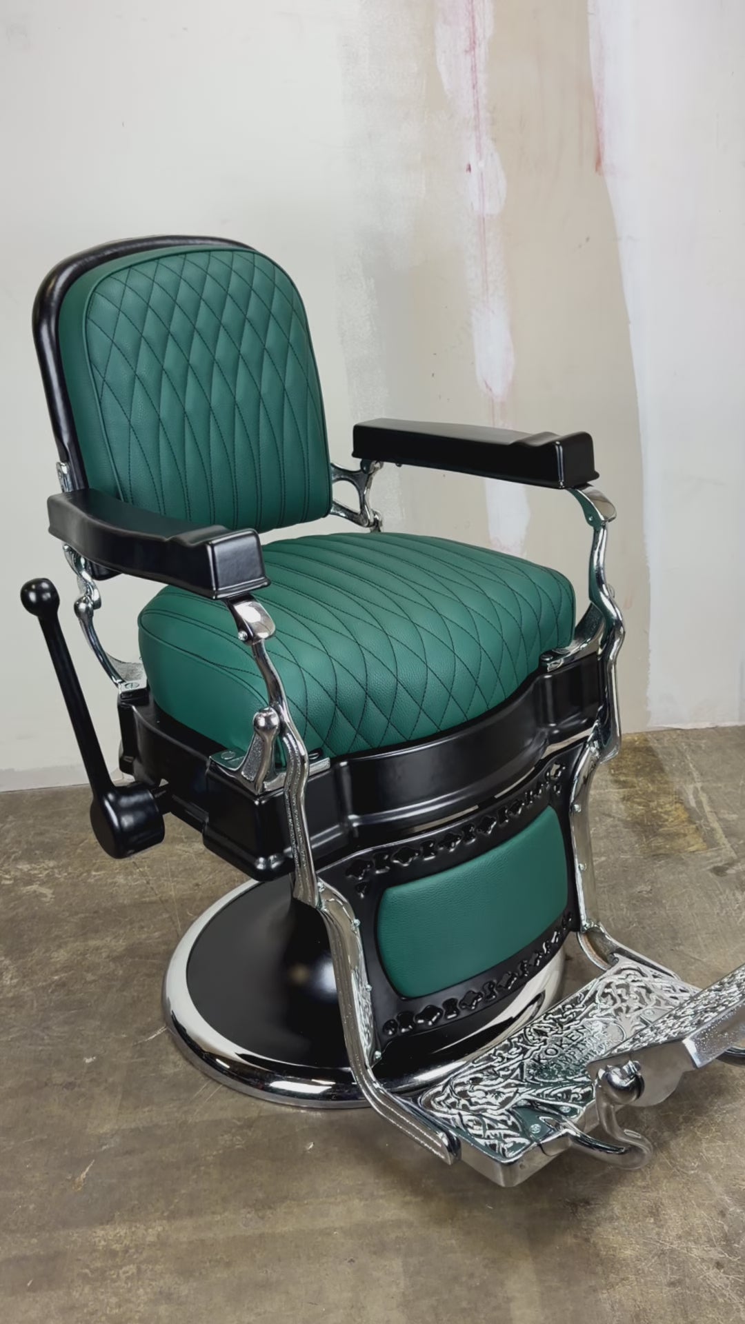 Custom Vintage Koken Barber Chair - Black on Chrome w/ Gren Alsace Diamond Stitching