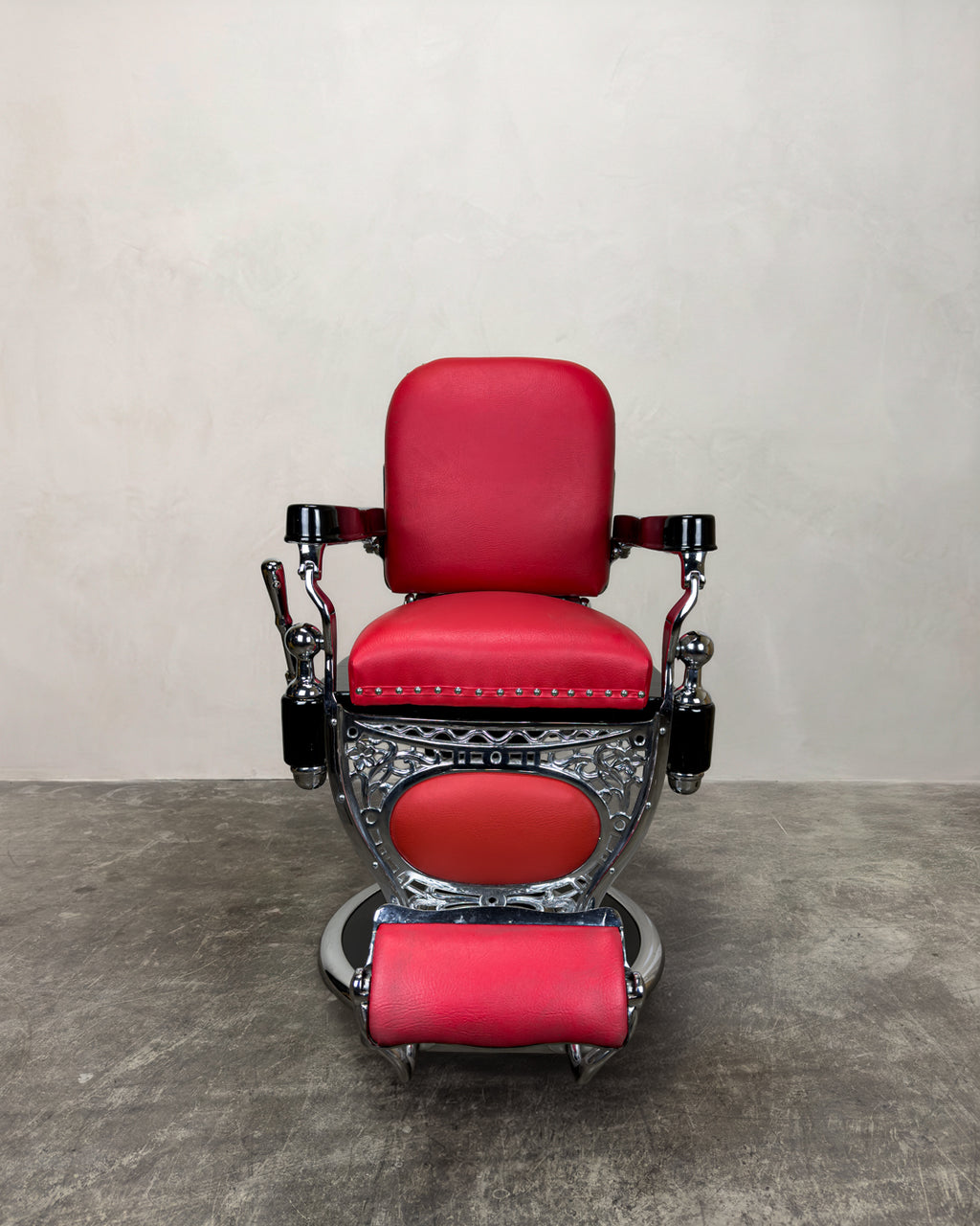 Vintage Theo A Kochs Barber Chair - Chrome on Red