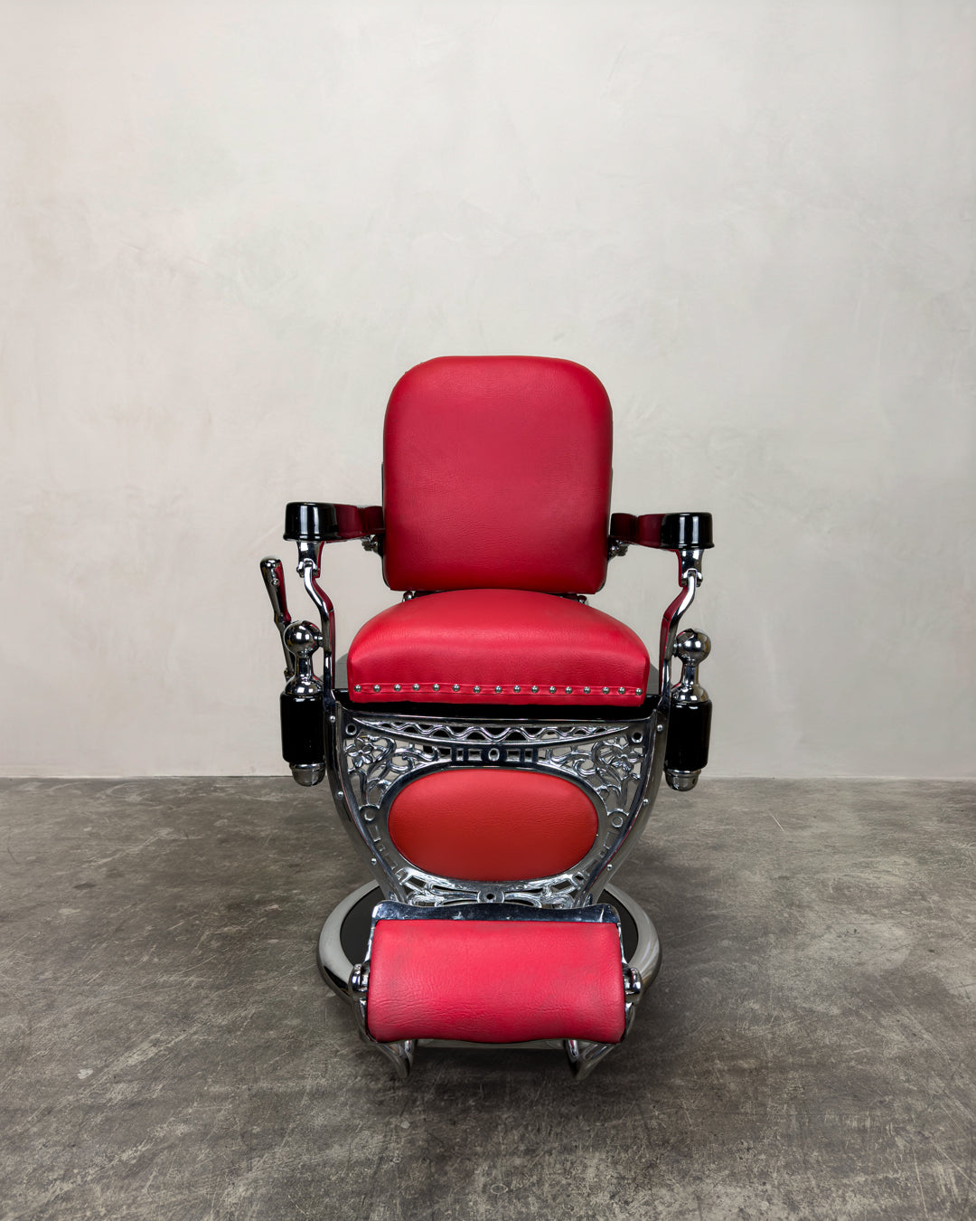 Vintage Theo A Kochs Barber Chair - Chrome on Red