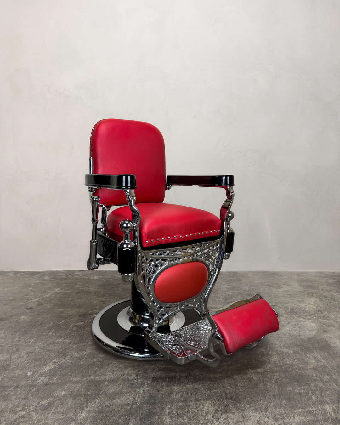 Vintage Theo A Kochs Barber Chair - Chrome on Red