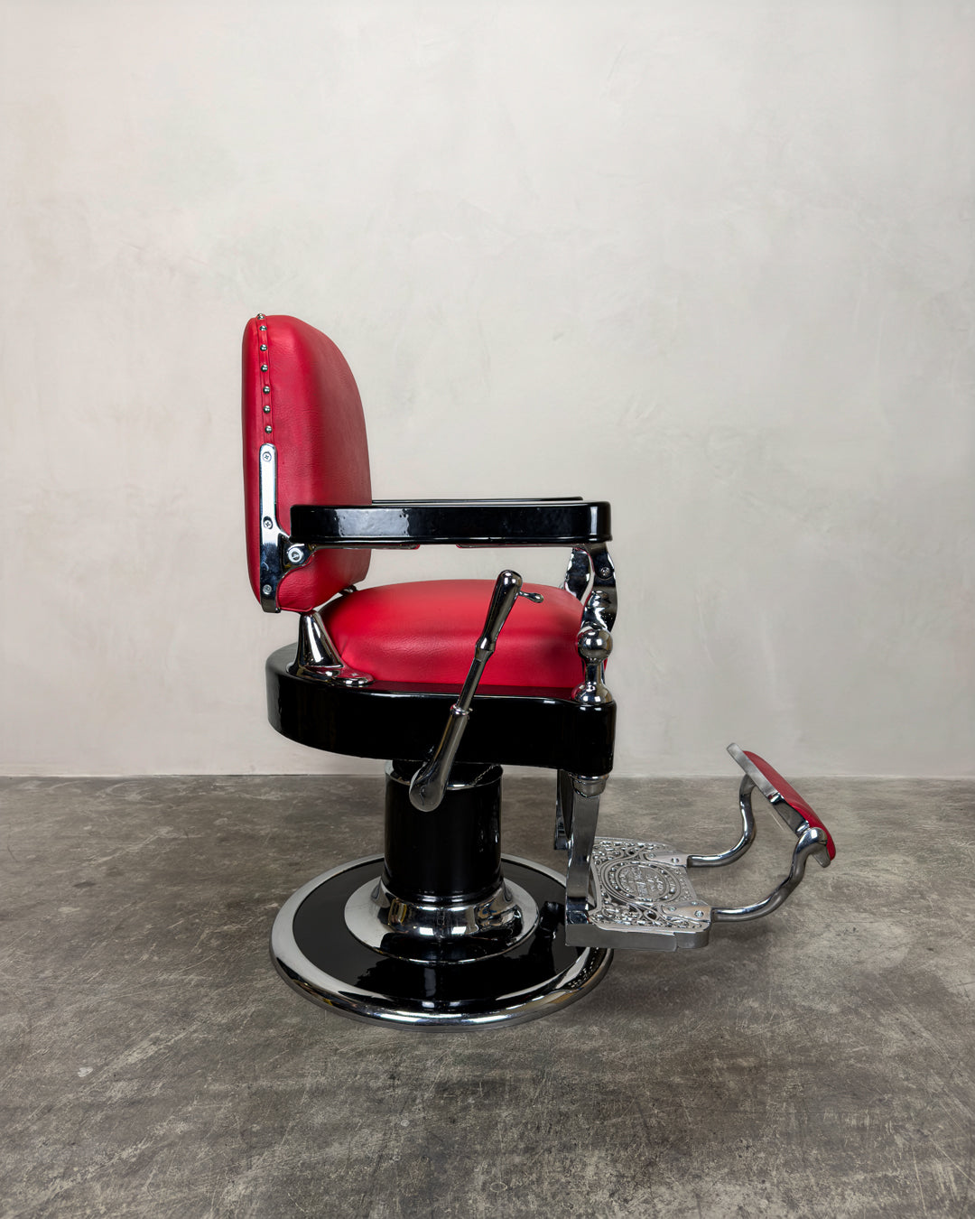 Vintage Theo A Kochs Barber Chair - Chrome on Red