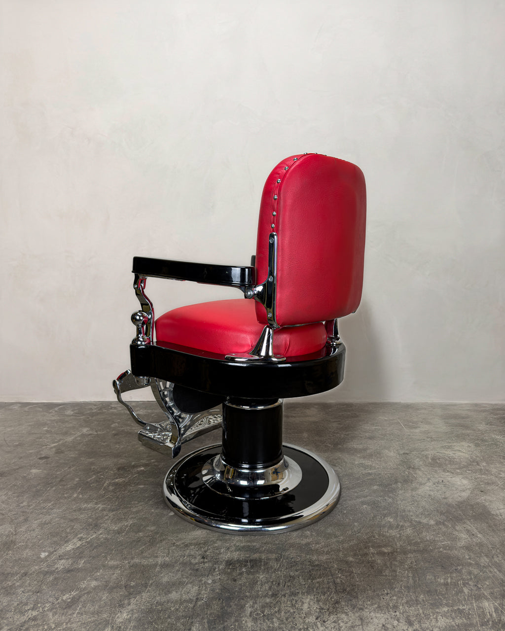 Vintage Theo A Kochs Barber Chair - Chrome on Red