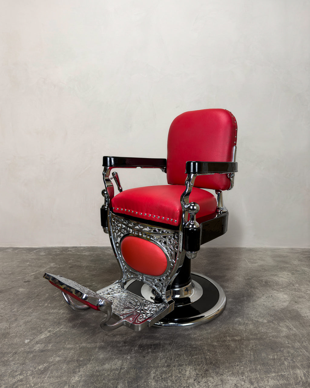 Vintage Theo A Kochs Barber Chair - Chrome on Red