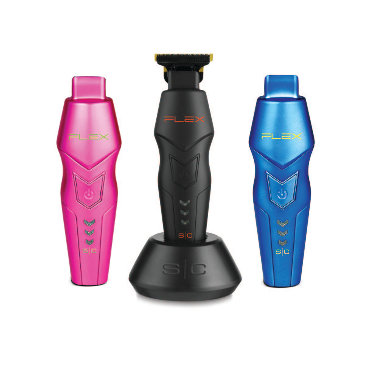 Flex Trimmer with with Super-Torque Motor in charging base, with a black lid, and a blue and pink lid featured on each side