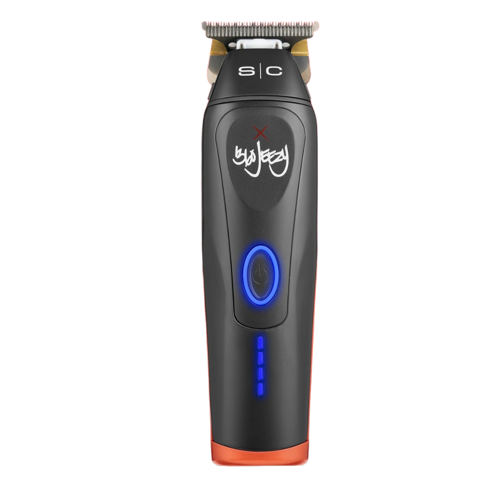 Cordless hair trimmer with gold blade, black body, blue power light, orange base