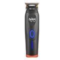 Cordless hair trimmer with gold blade, black body, blue power light, orange base