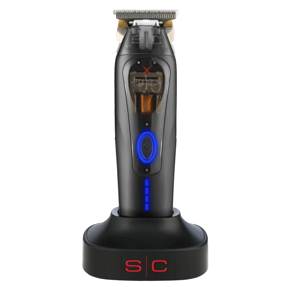 Cordless hair trimmer on charging stand, black body, blue status light, gold blade