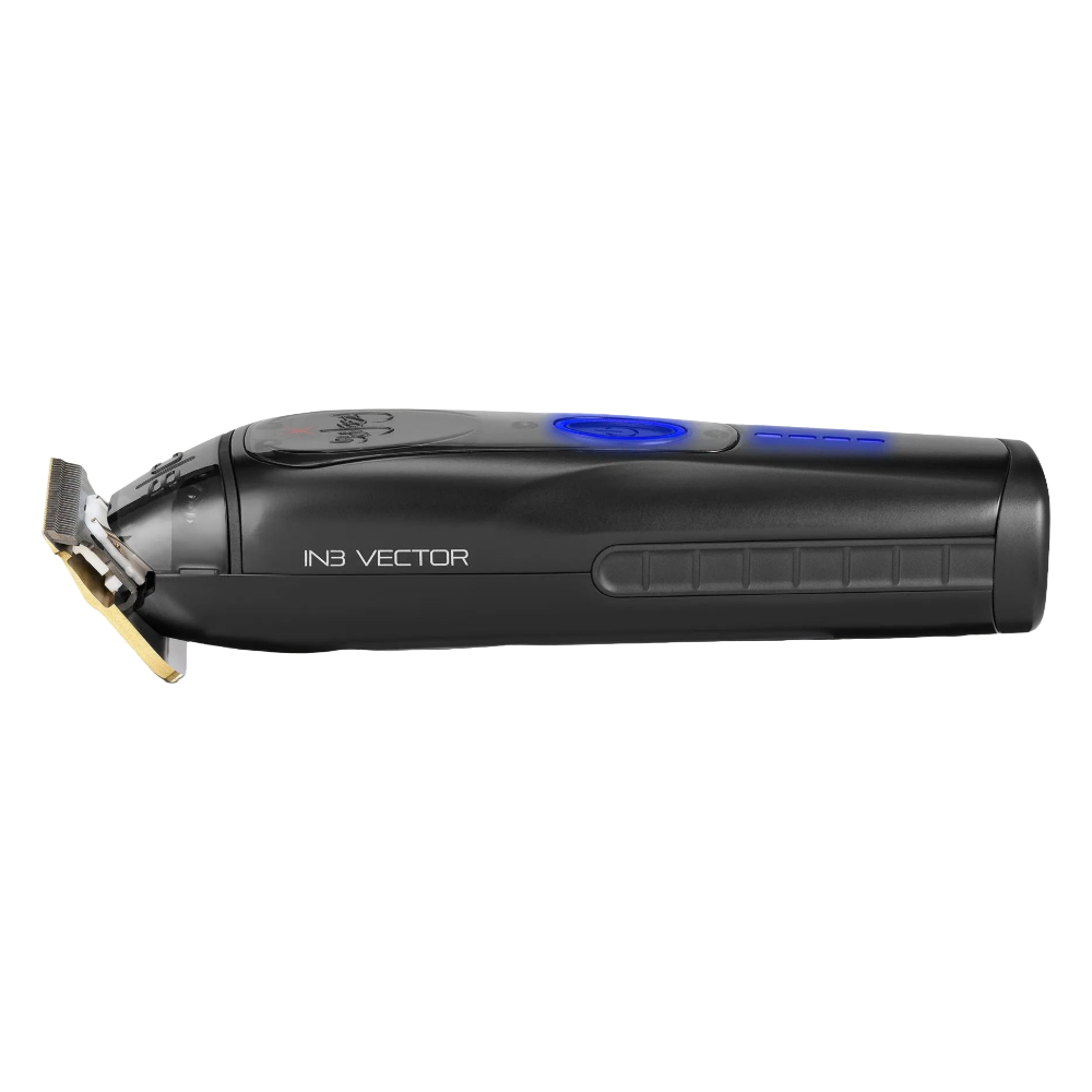 Black cordless hair trimmer with gold blade, blue indicator bar