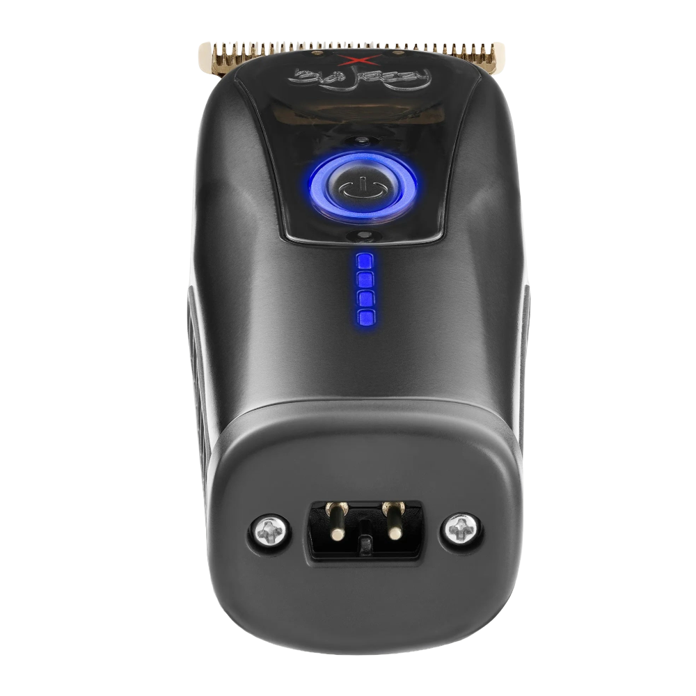 Black cordless hair trimmer front detail, gold blade, blue circular control light
