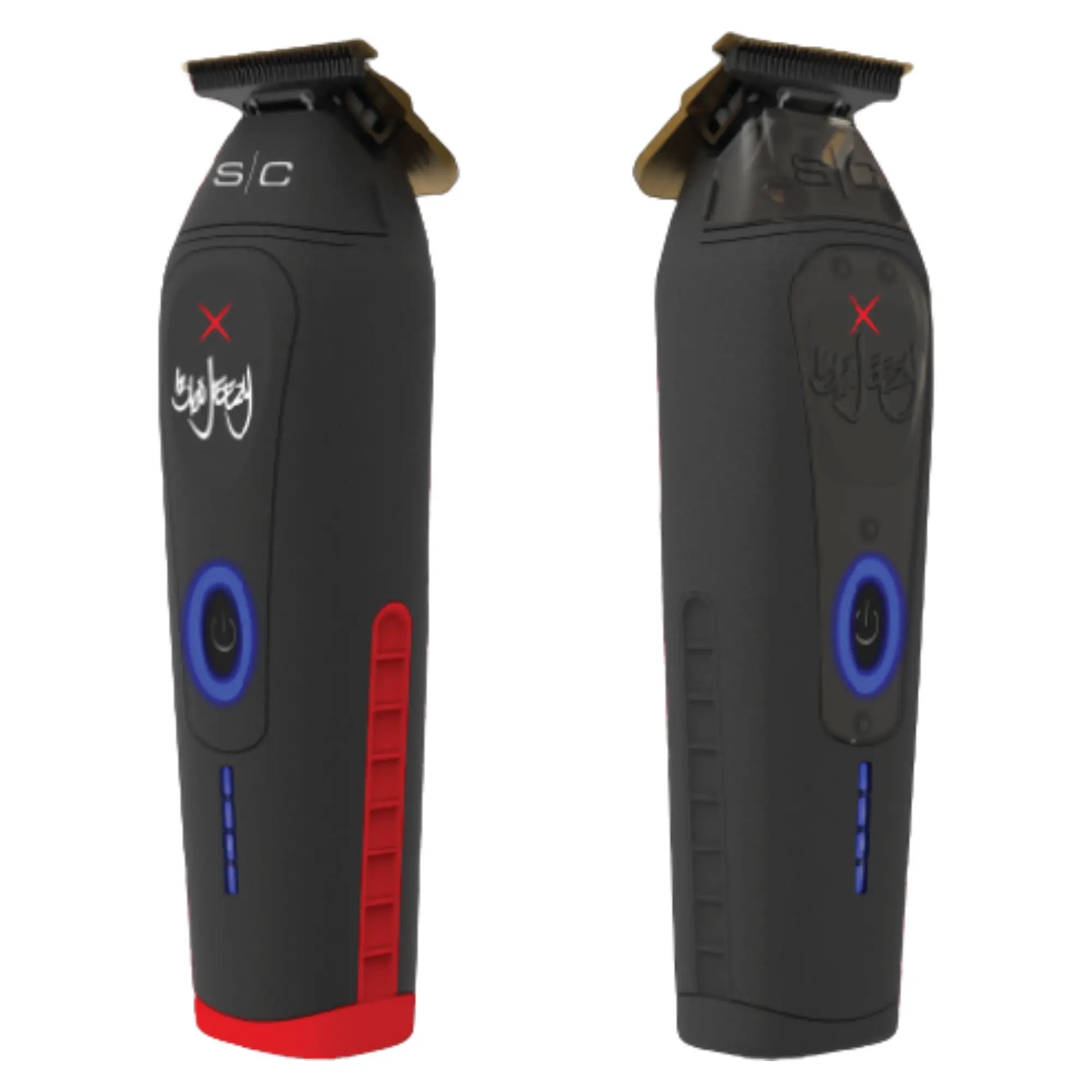 Cordless hair trimmer, black with red base, blue LED, and red side switch