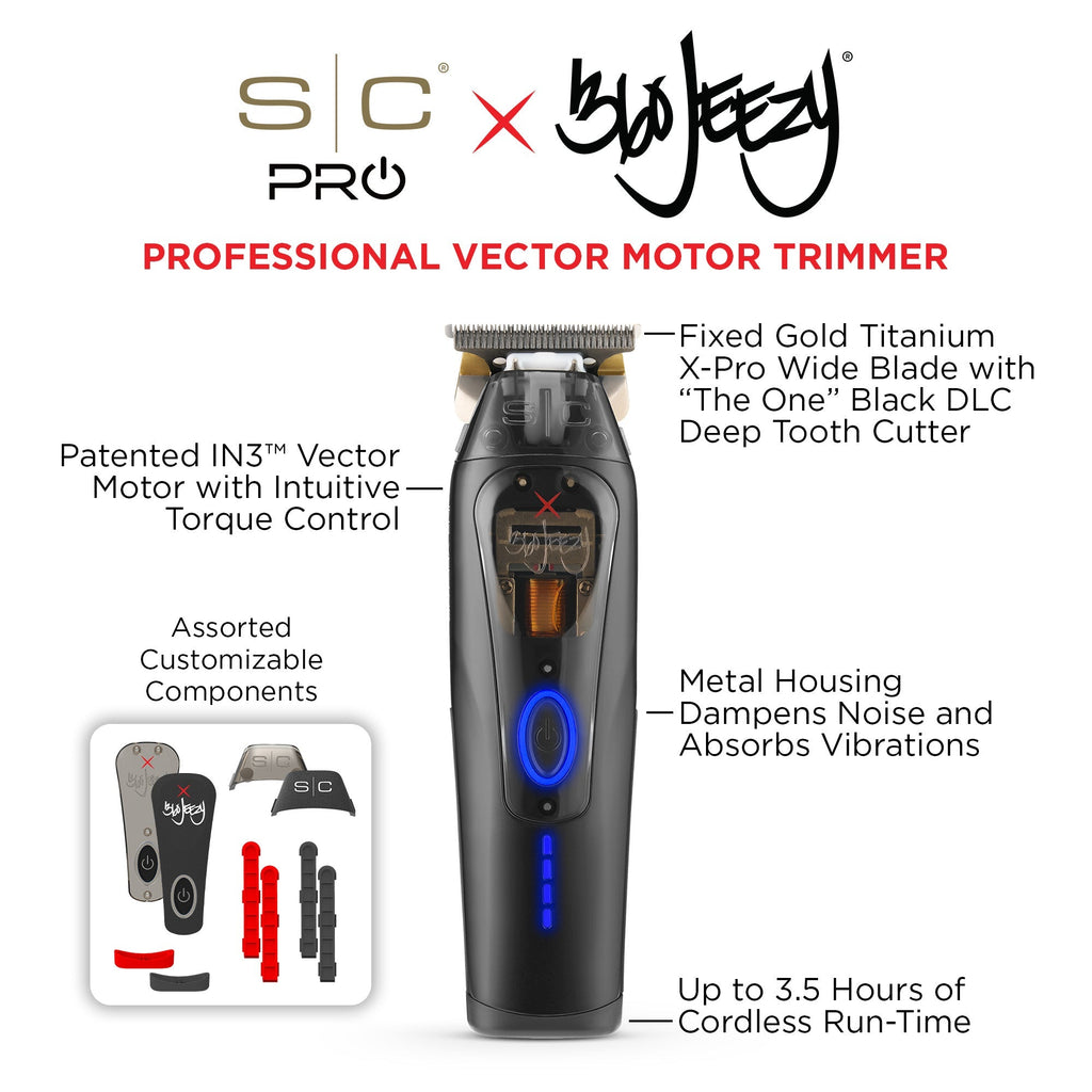 Cordless hair trimmer infographic, black body with blue lights and gold blade