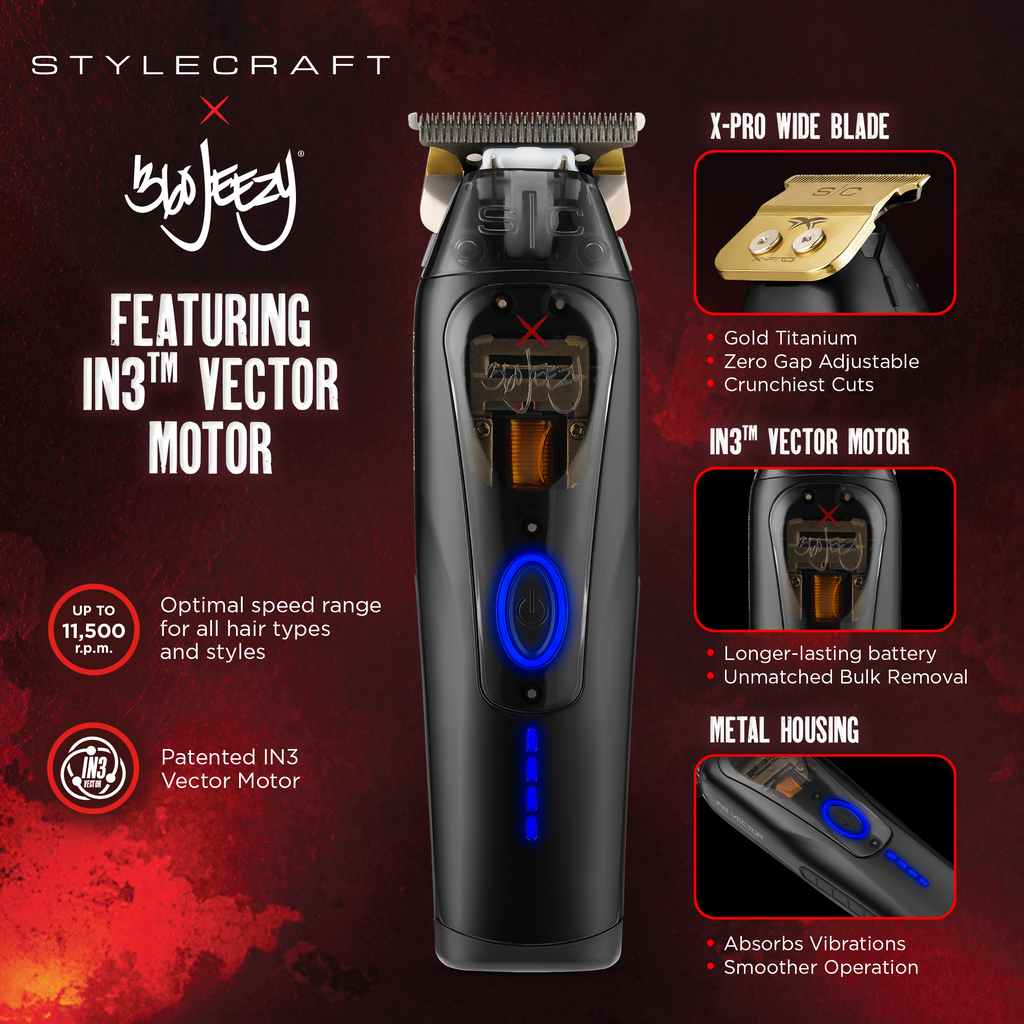 Cordless hair trimmer product display, black body with blue lights and gold blade