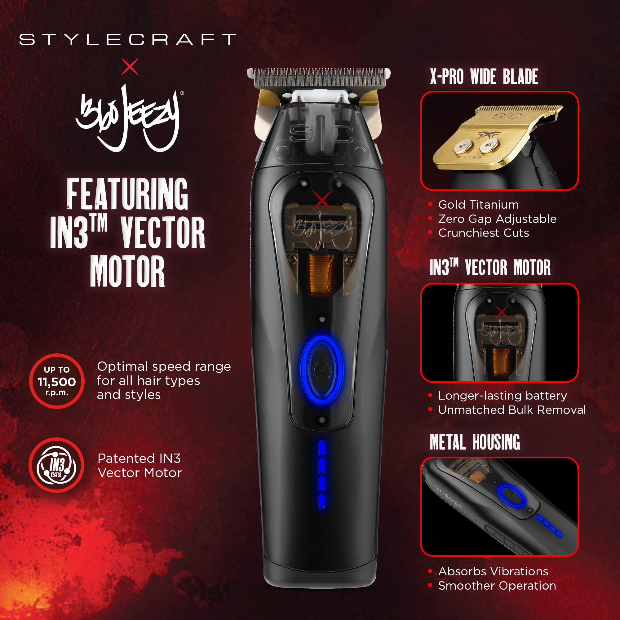 Cordless hair trimmer product display, black body with blue lights and gold blade