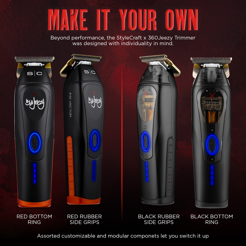 Cordless hair trimmer lineup poster with black and orange-base trimmers, blue lights