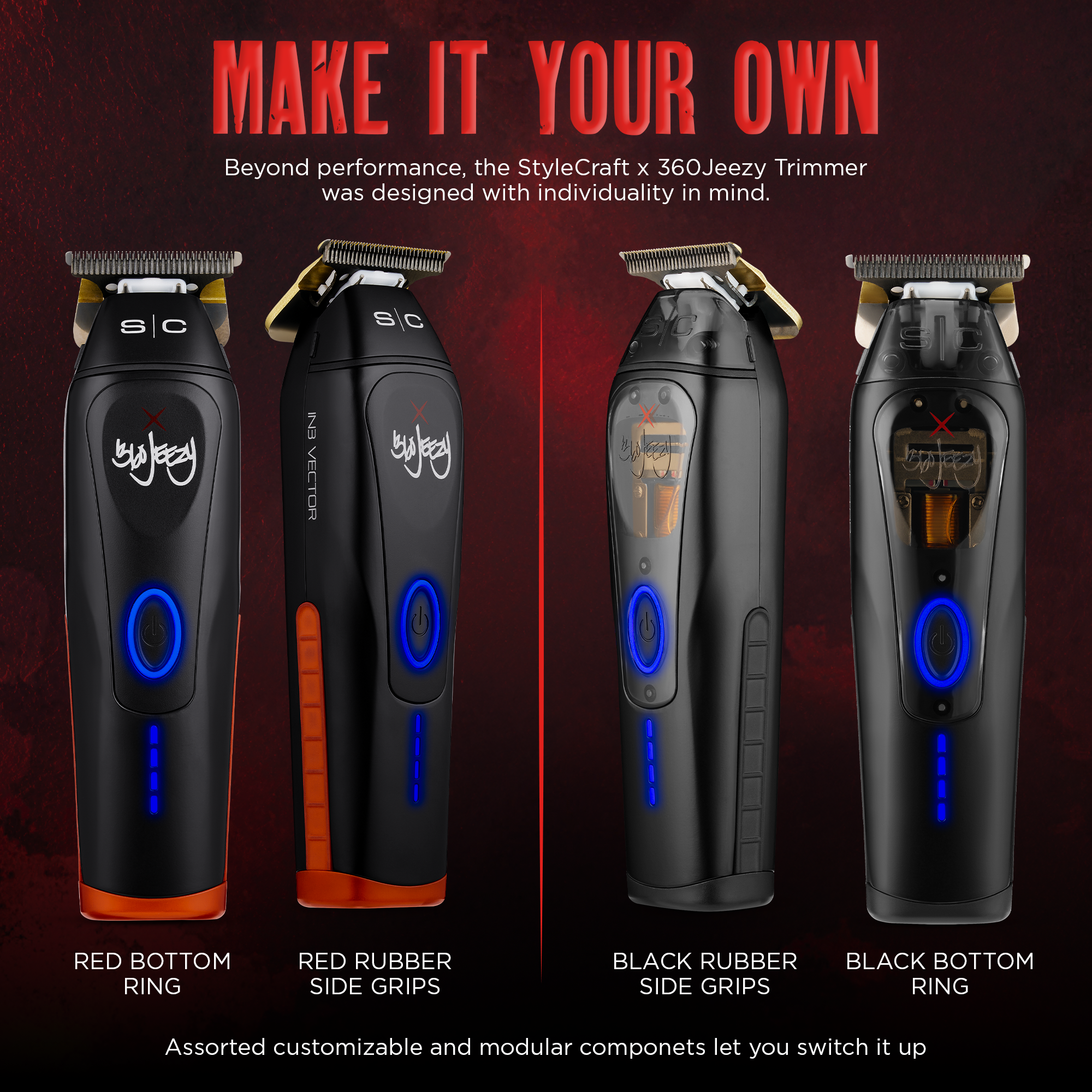 Cordless hair trimmer lineup poster with black and orange-base trimmers, blue lights