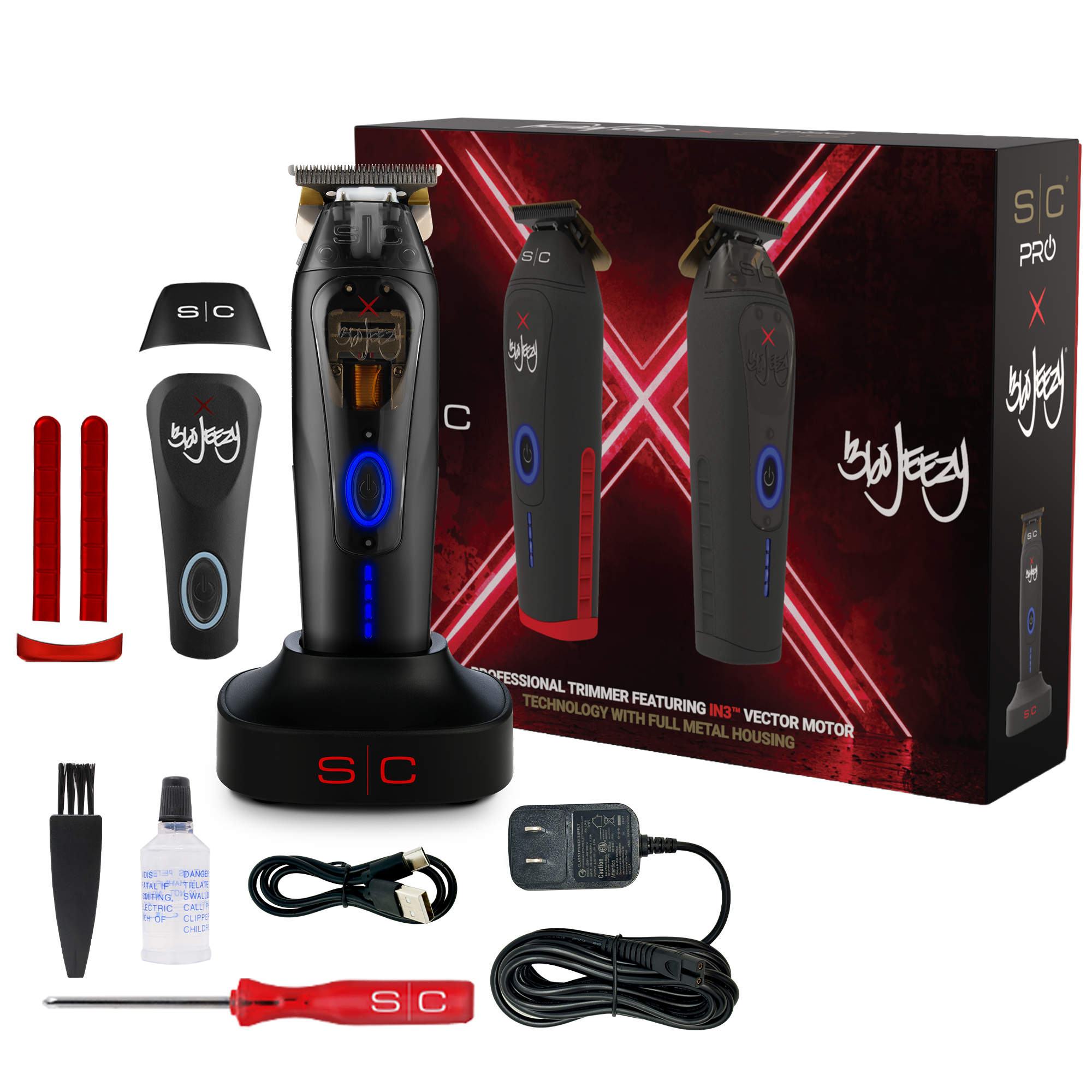 Cordless hair trimmer kit in retail box with attachments, black trimmer and blue lights