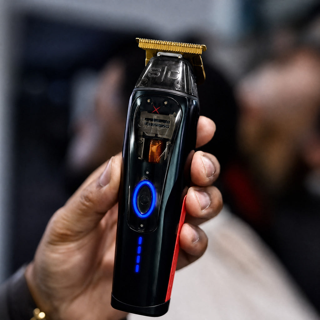 Cordless hair trimmer with gold blade, blue LED display, black body